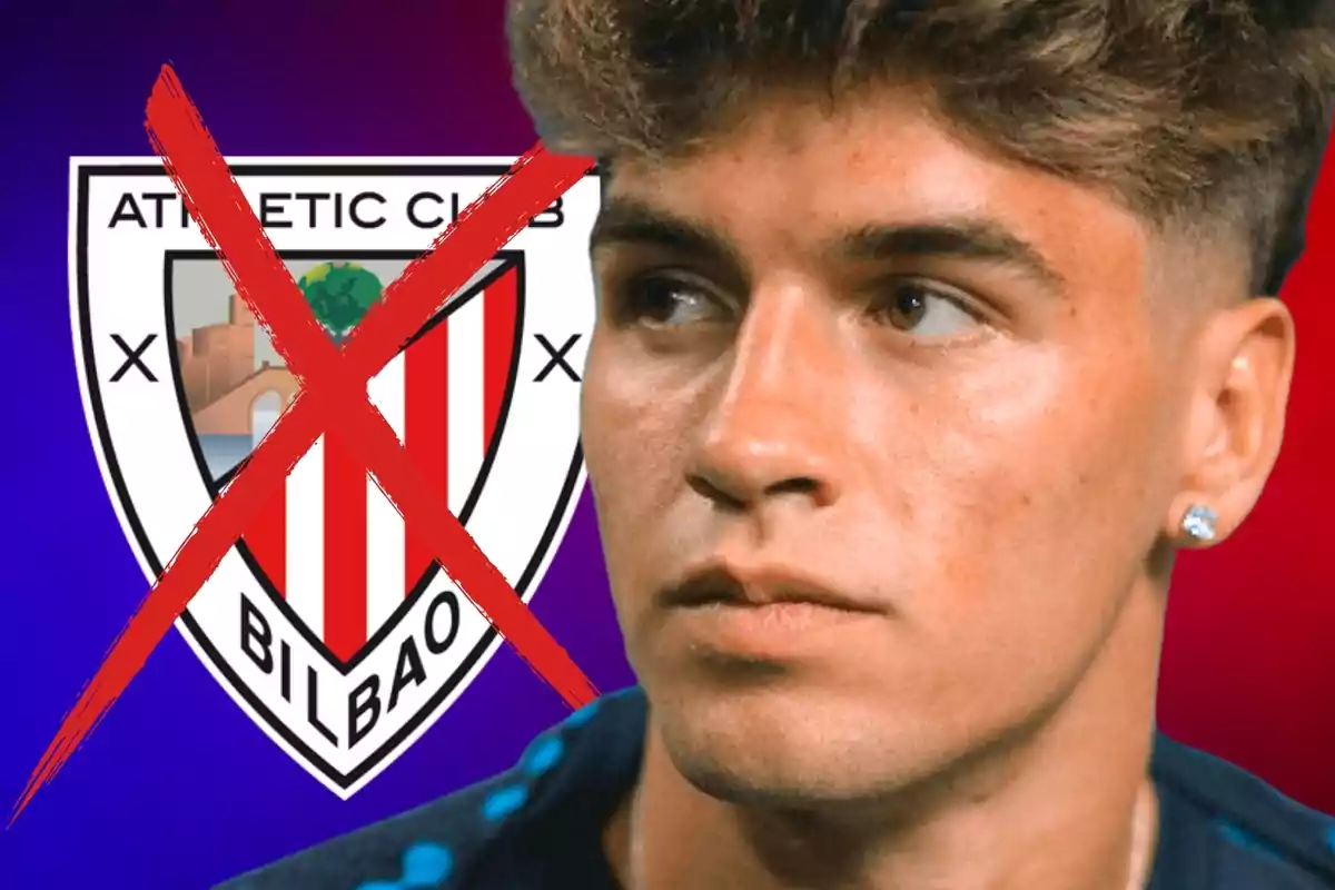 Un home jove amb expressió seriosa apareix davant d'un escut de l'Athletic Club de Bilbao que té una creu vermella sobre ell.