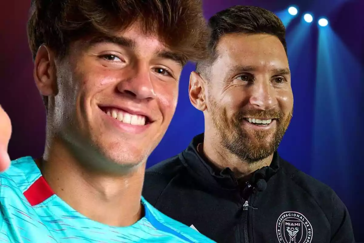 Marc Guiu amb Leo Messi en una foto conjunta de tots dos amb un gran somriure