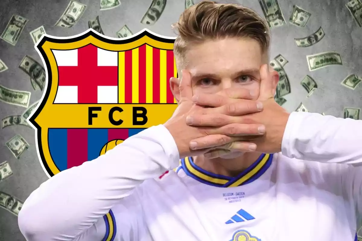 Un jugador de fútbol con las manos sobre la boca, el escudo del FC Barcelona y billetes flotando en el fondo.