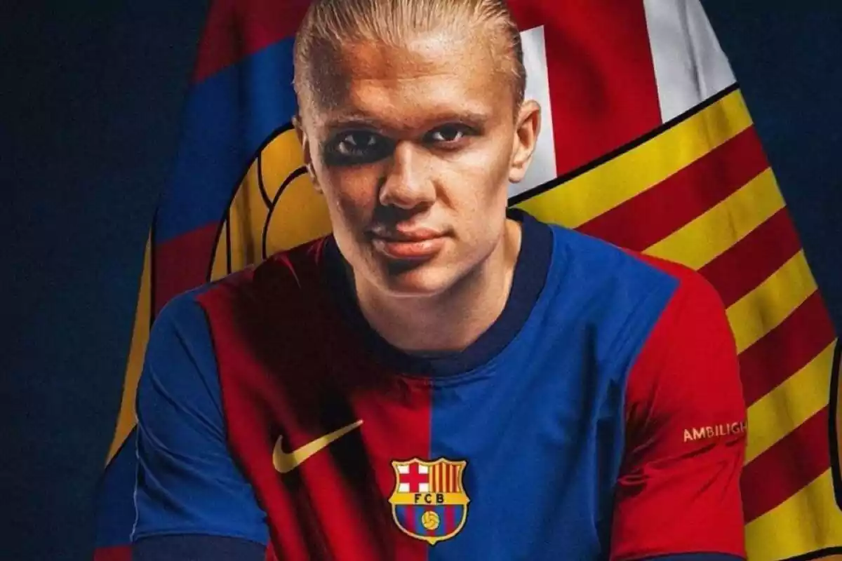 Muntatge d'Erling Haaland amb la samarreta del FC Barcelona mirant a càmera