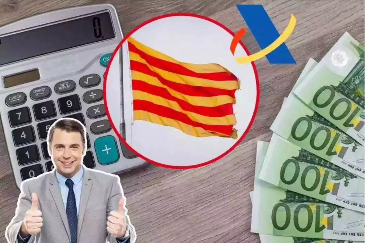 Imatge de fons d'una taula amb una calculadora a sobre i diversos bitllets de 100 euros, amb una imatge de la bandera de Catalunya i una altra imatge d'un home amb gest d'aprovació