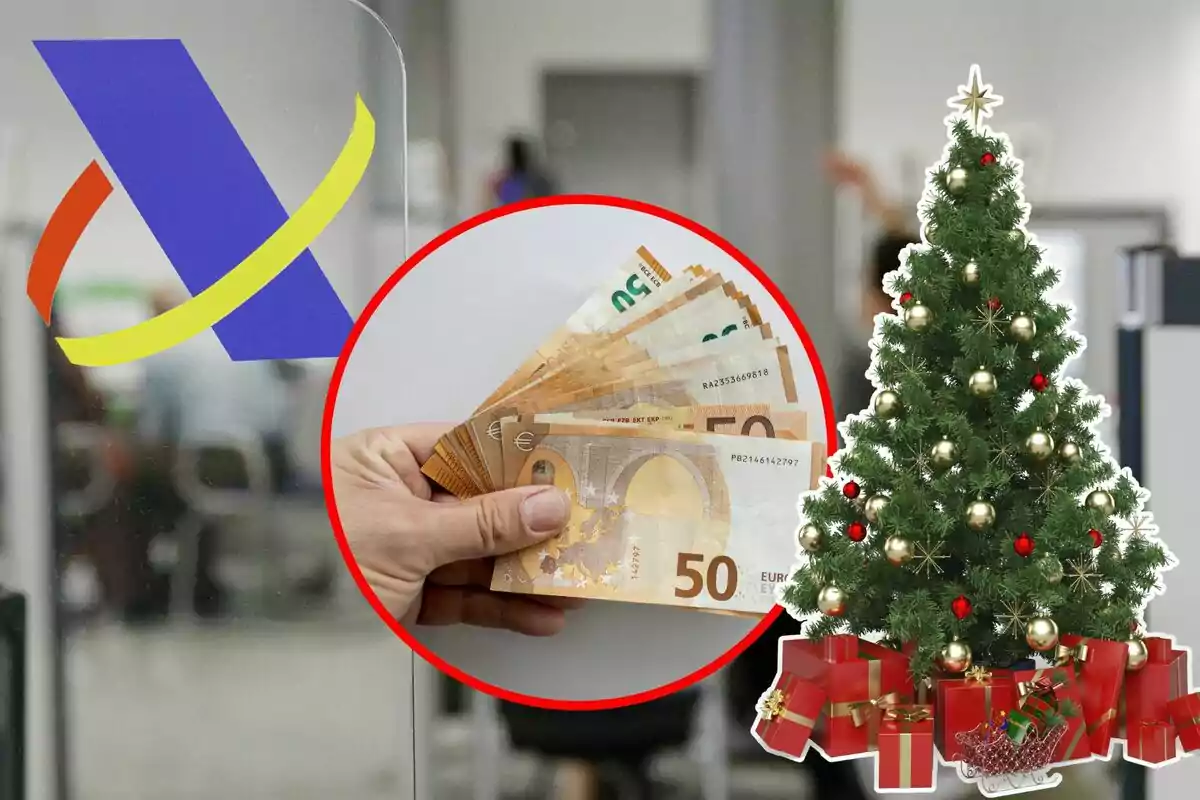 Logotipo de una oficina con un círculo que muestra billetes de euro y un árbol de Navidad decorado con regalos.