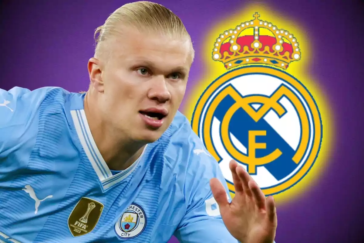 Un jugador de fútbol con la camiseta del Manchester City y el escudo del Real Madrid de fondo. Un jugador de fútbol con la camiseta del Manchester City y el escudo del Real Madrid de fondo.