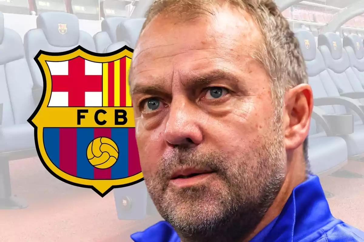 Un hombre con barba frente al escudo del FC Barcelona y asientos de estadio de fondo.