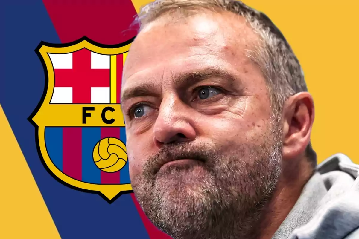 Un hombre con expresión seria frente al escudo del FC Barcelona.