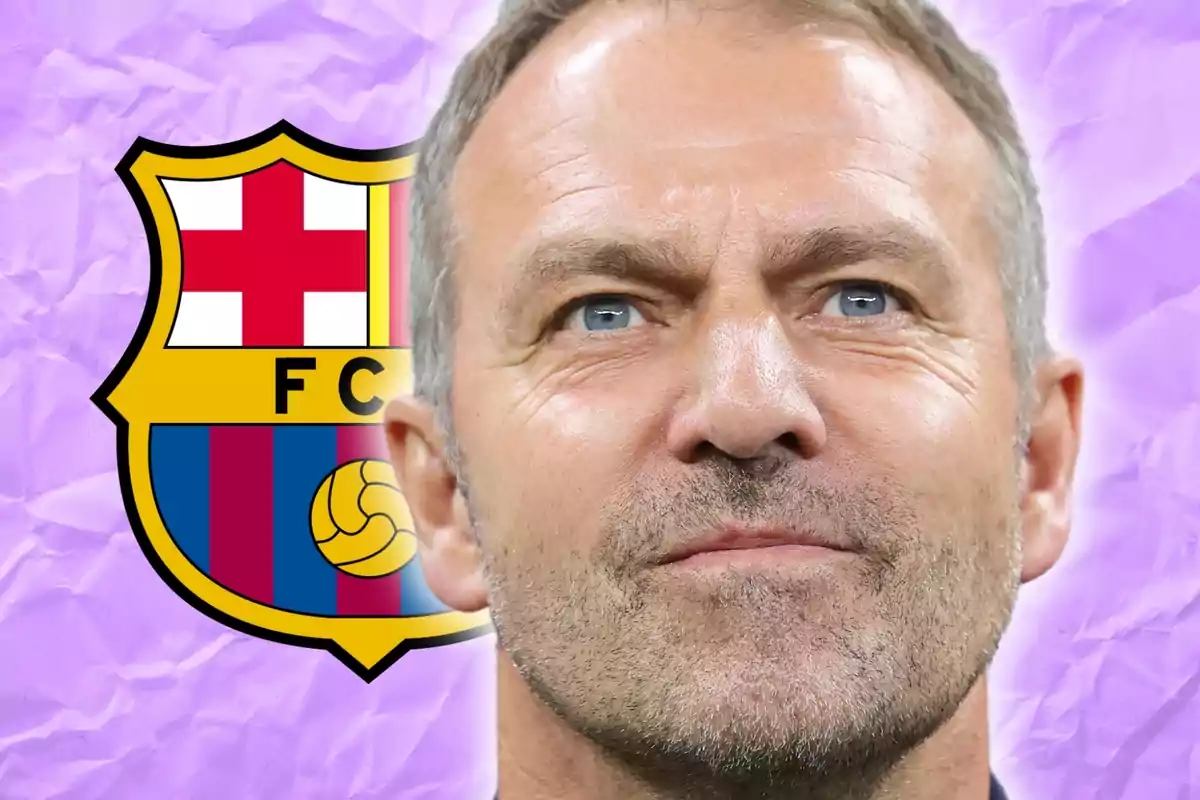 A man with short gray hair and a serious expression, with the FC Barcelona crest in the background against a purple backdrop.