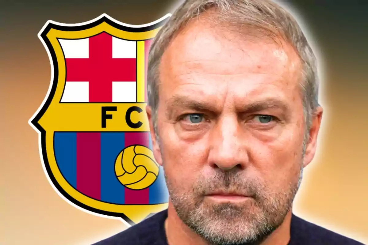 Man with a serious expression in front of the FC Barcelona crest