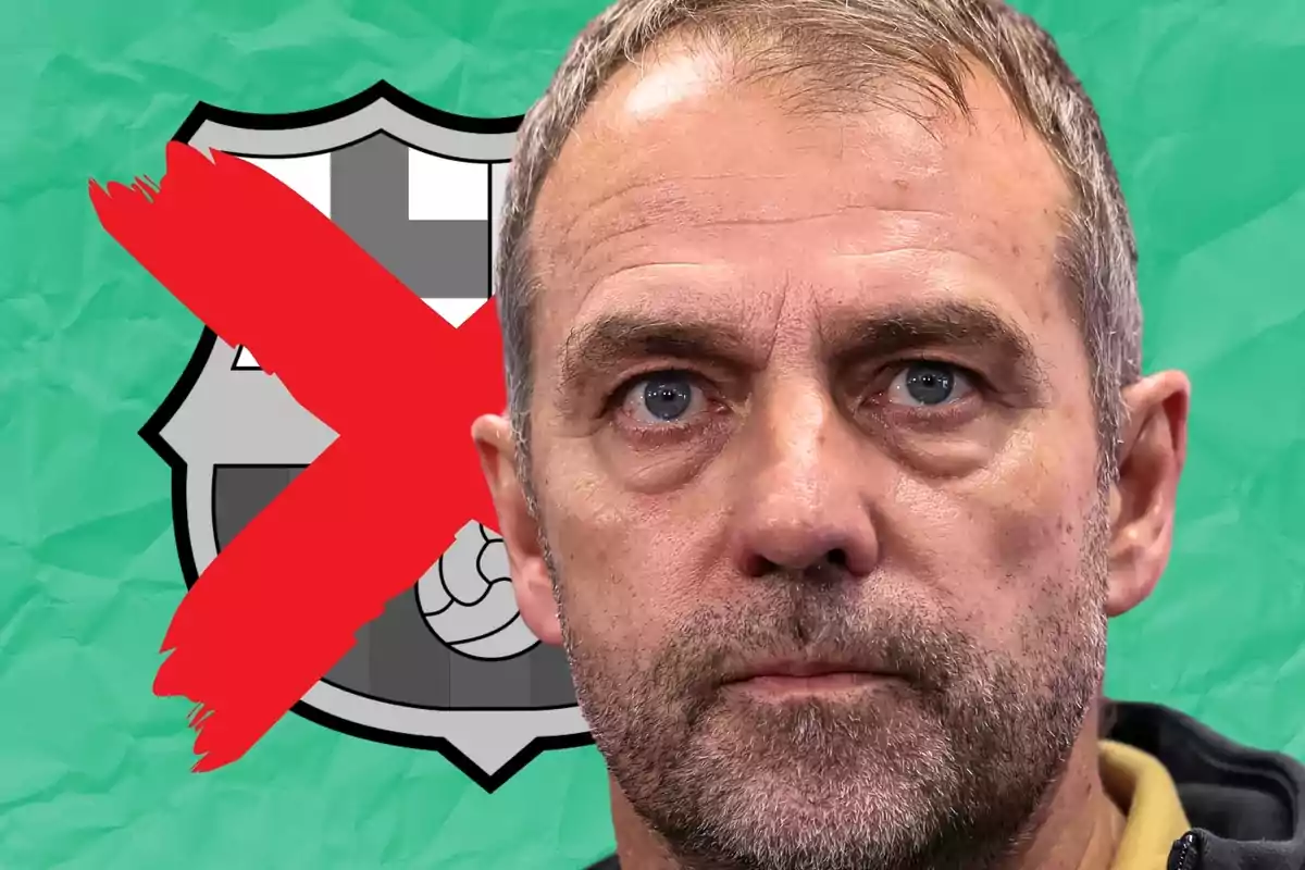 Serious-looking man in the foreground with a soccer crest crossed out with a red X in the background against a green backdrop