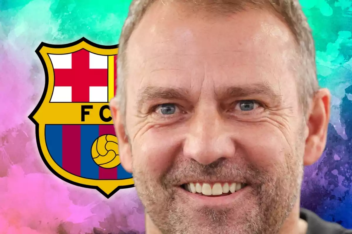 Un home somrient davant de l'escut del FC Barcelona amb un fons colorit.