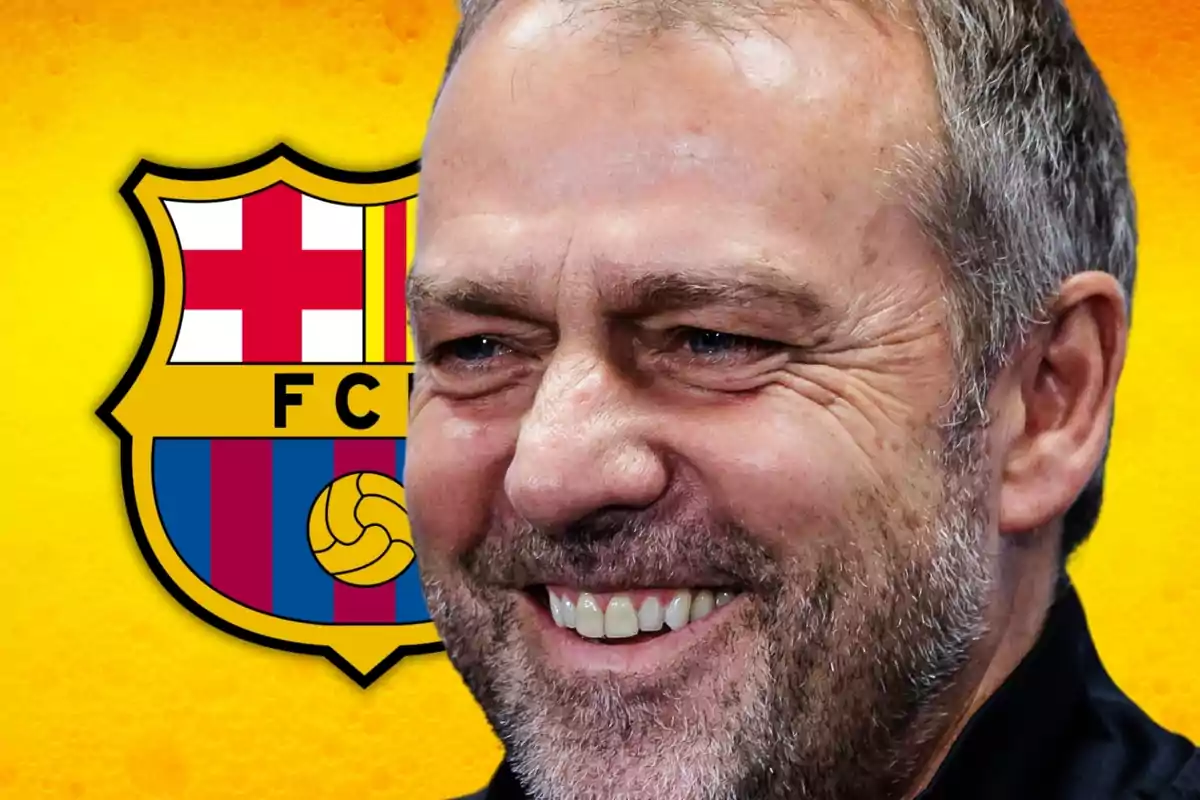 Un home somrient amb barba davant de l'escut del FC Barcelona sobre un fons groc.