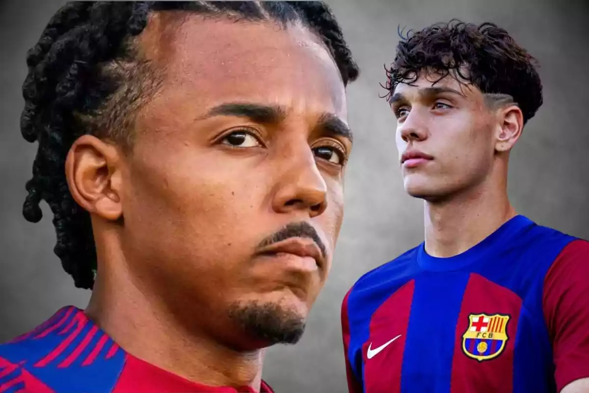 Two soccer players wearing FC Barcelona jerseys look in opposite directions.