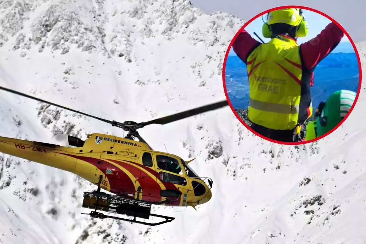 Imatge d'un helicòpter sobrevolant una zona de neu i una altra d'efectius dels bombers GRAE