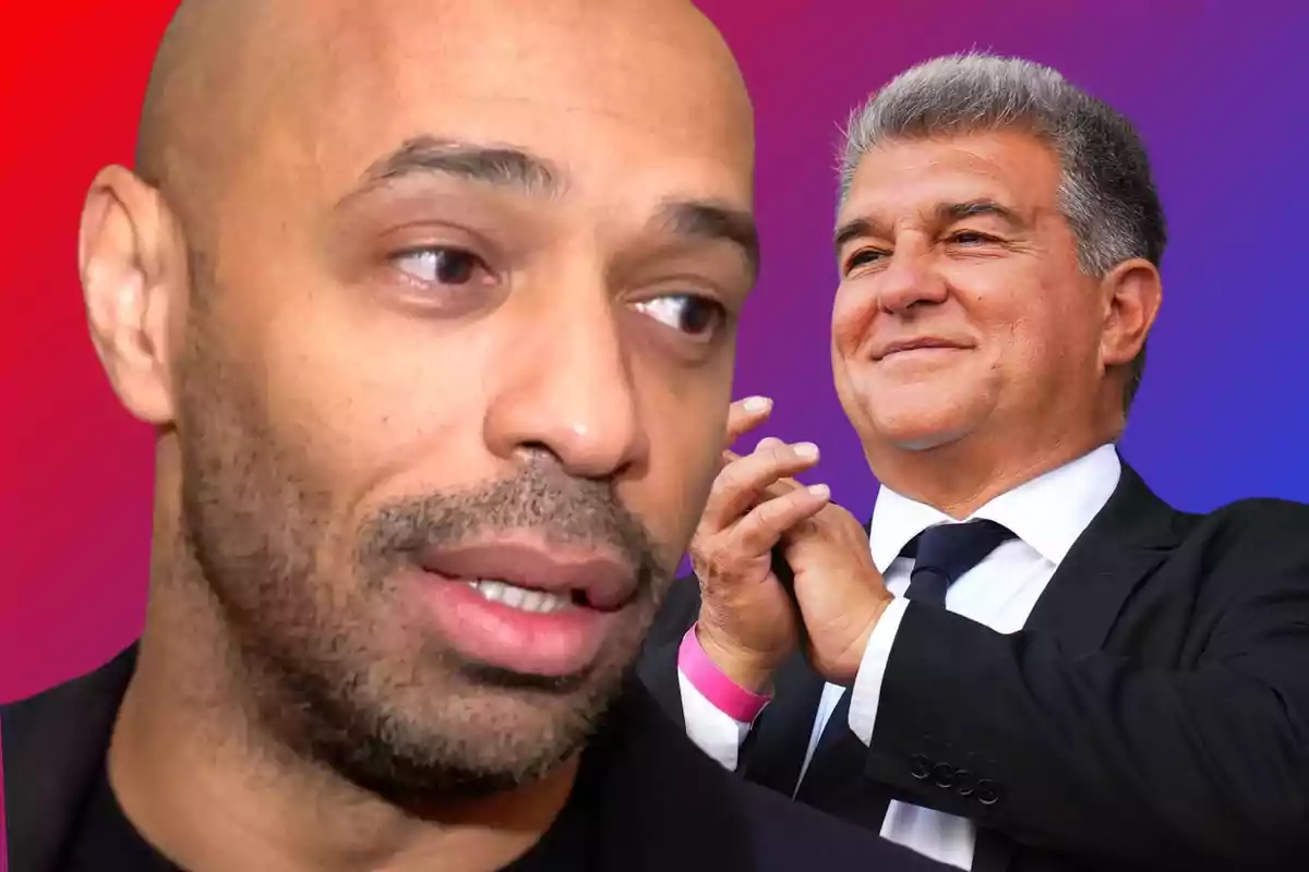 Close-up of a bald man with a beard and a serious expression in the foreground, while in the background there is another man with gray hair in a suit and tie, smiling and applauding against a gradient background of red and purple colors.