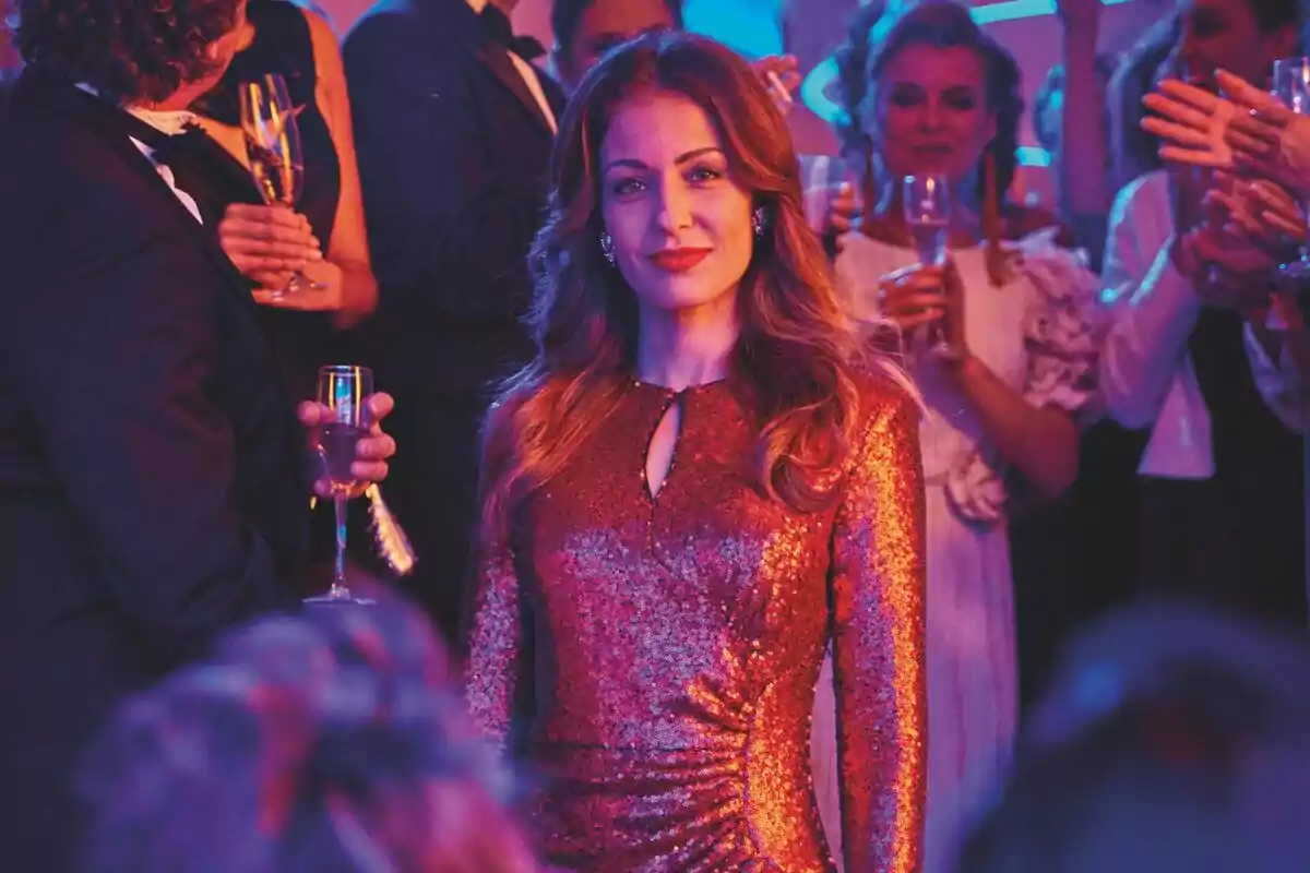 Hiba Abouk amb un vestit brillant vermell es troba en una festa envoltada de persones elegants que sostenen copes de xampany a Eva & Nicole.