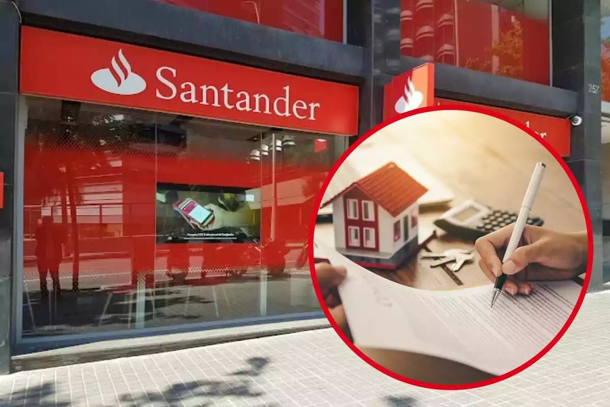 Façana d?una sucursal del banc Santander amb un requadre que mostra una mà signant un document al costat d?una casa en miniatura, una calculadora i unes claus.