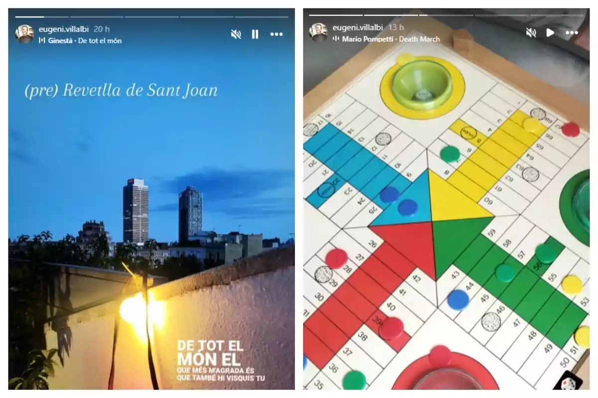 Two Instagram Stories by Eugenie Villalby, one showing a late afternoon cityscape with two skyscrapers and the other showing a game board with colorful tiles.