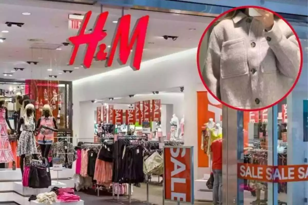 Imatge de fons d´una botiga H&M i una altra d´una persona posant amb una jaqueta de la marca