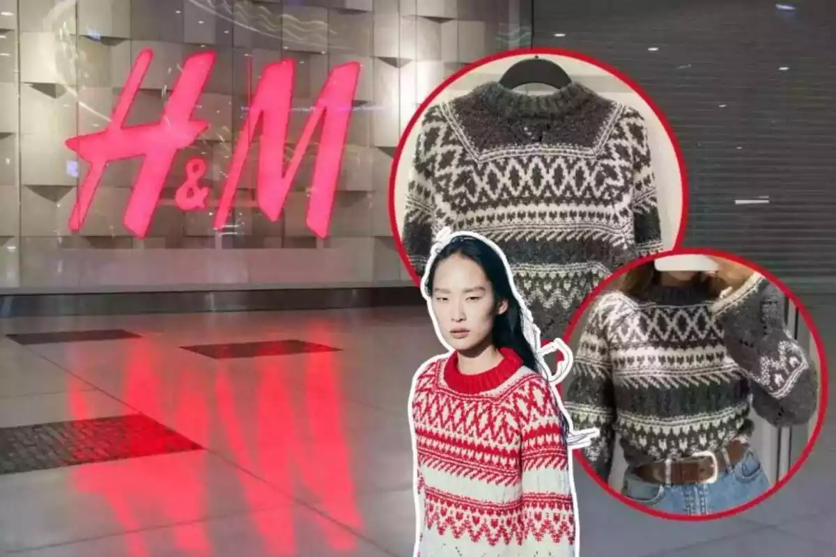 Imatge de fons d'una botiga H&M i altres imatges d'unes persones posant amb un jersei de la marca amb sanefes de color vermell i de color gris