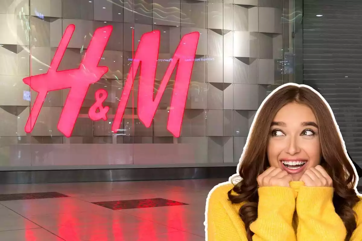 Imagen de fondo de un logo de una tienda H&M y otra de una mujer con cara de felicidad