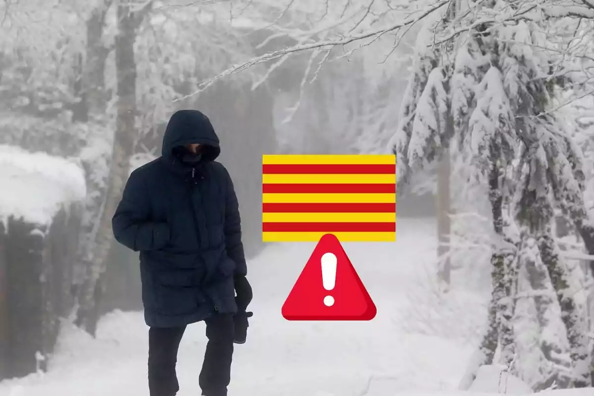 Una persona camina por un paisaje nevado con un abrigo oscuro y capucha, mientras un símbolo de advertencia y una bandera con franjas rojas y amarillas aparecen superpuestos en la imagen.