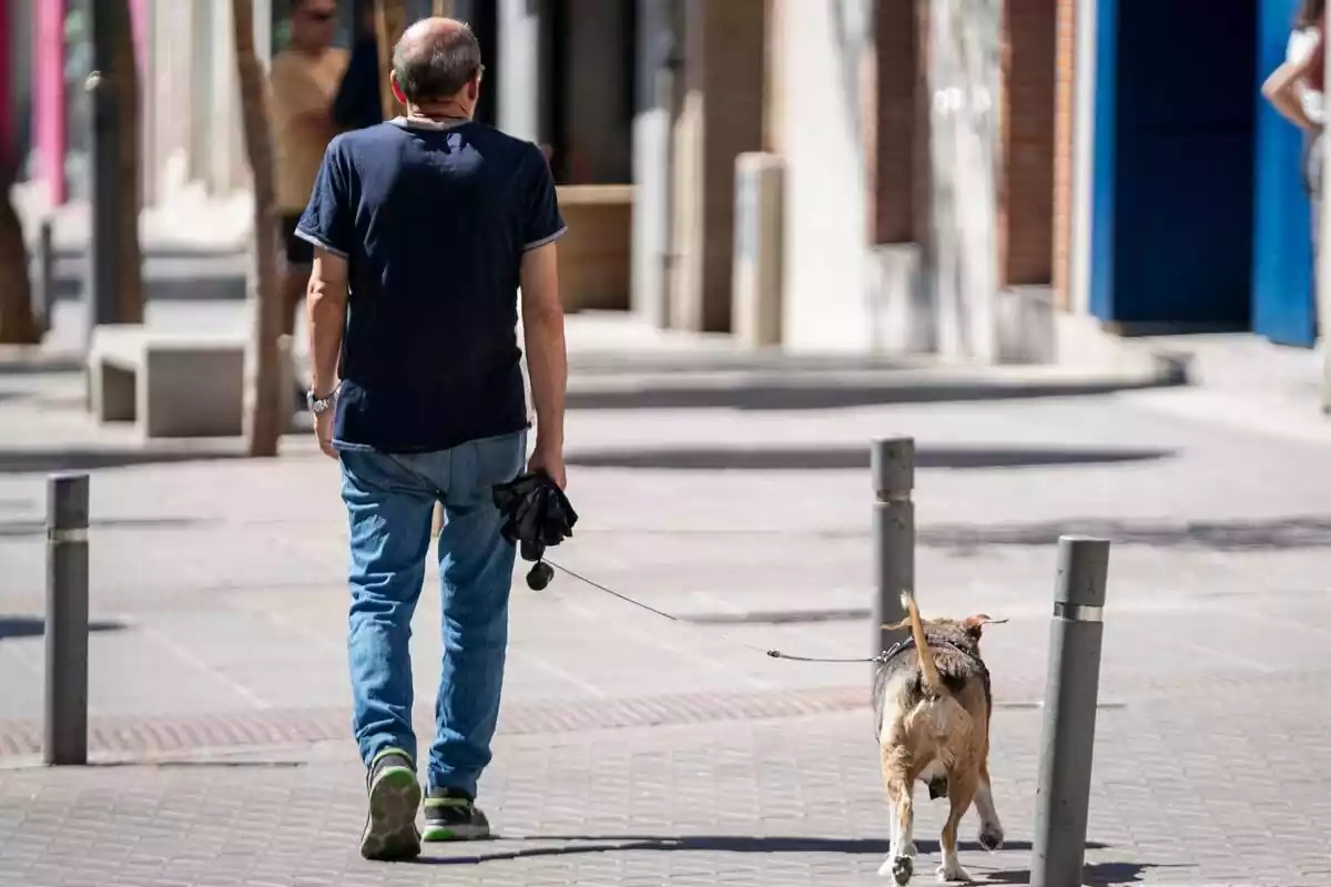 Imatge d'un home passejant el gos pel carrer