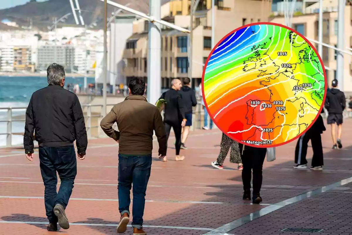 Diverses persones passejant per la platja i un cercle amb un mapa d'anomalies de pressió