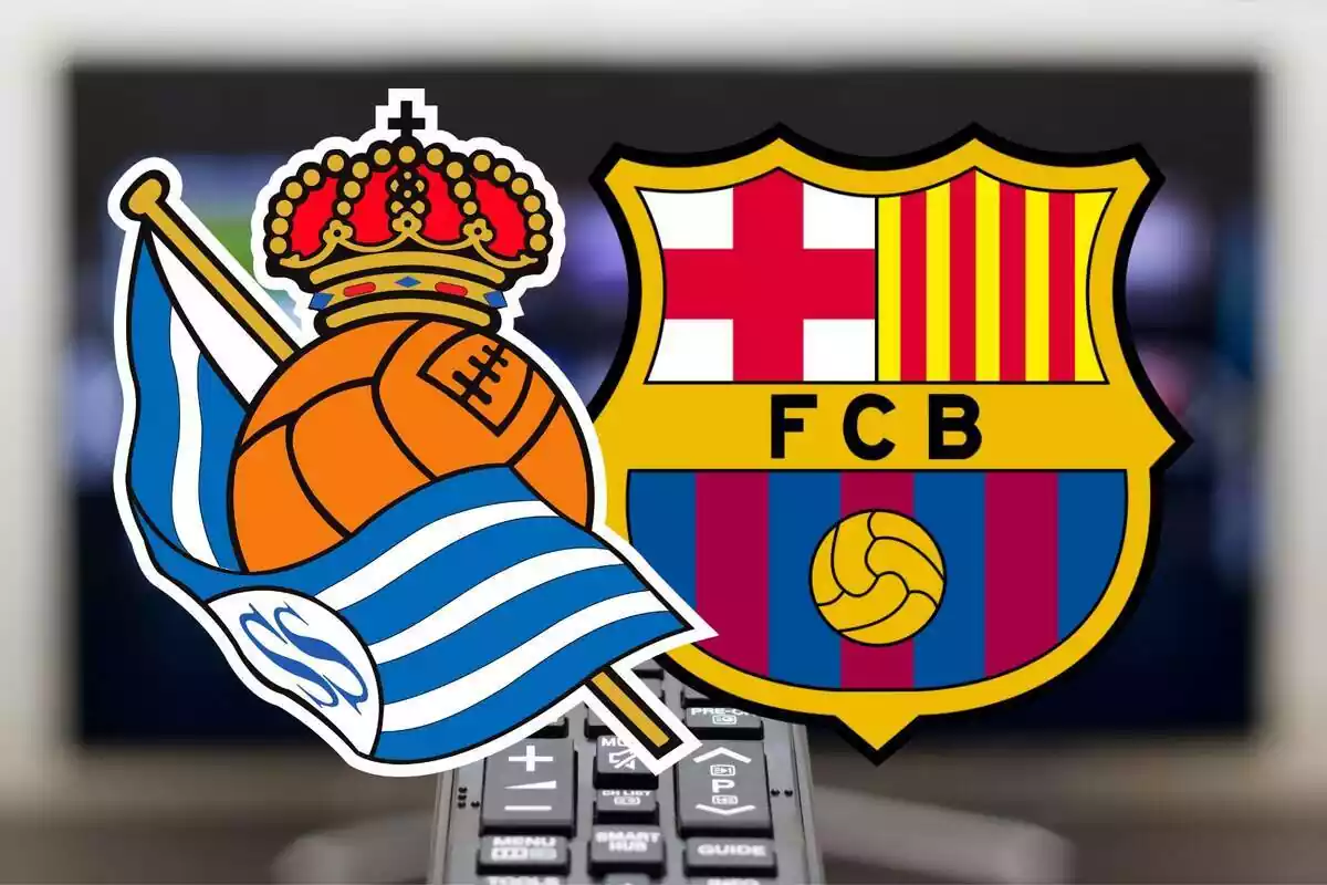 Muntatge dels escuts de Real Sociedad i FC Barcelona amb una tv de fons