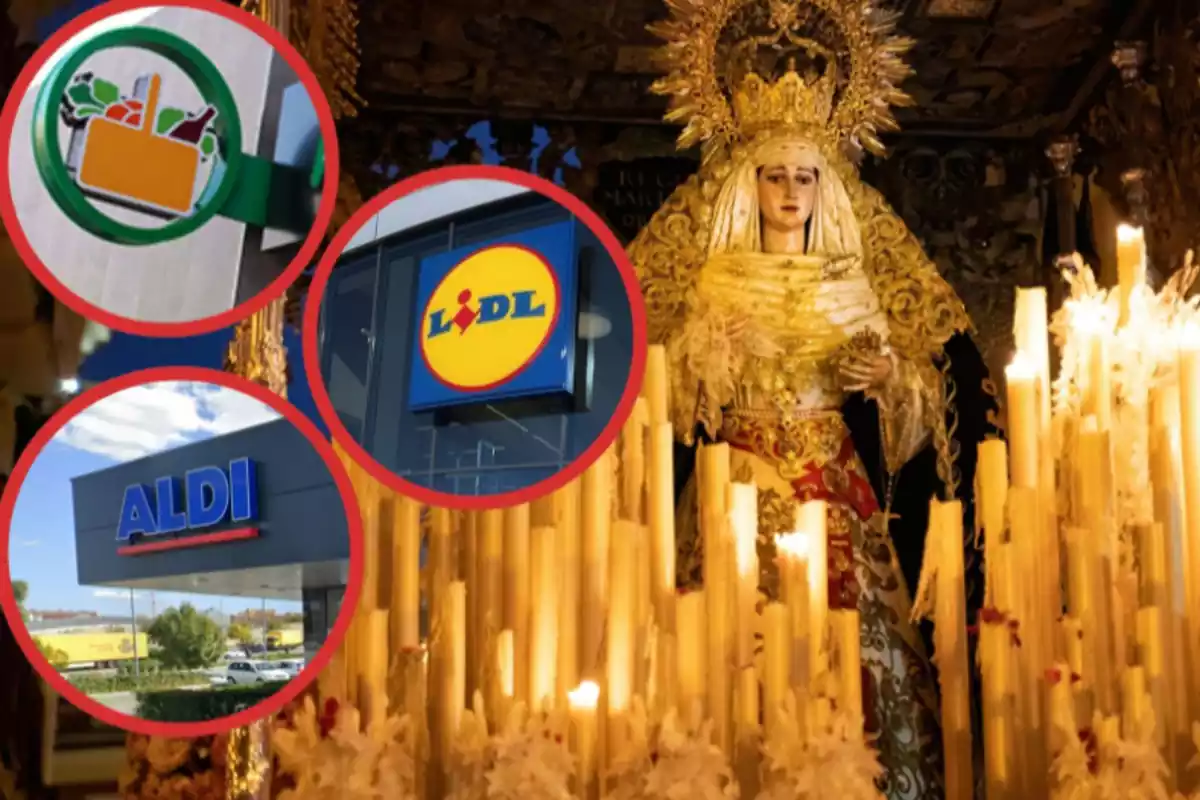 Una verge en una processó i una imatge de mercadona, lidl i aldi