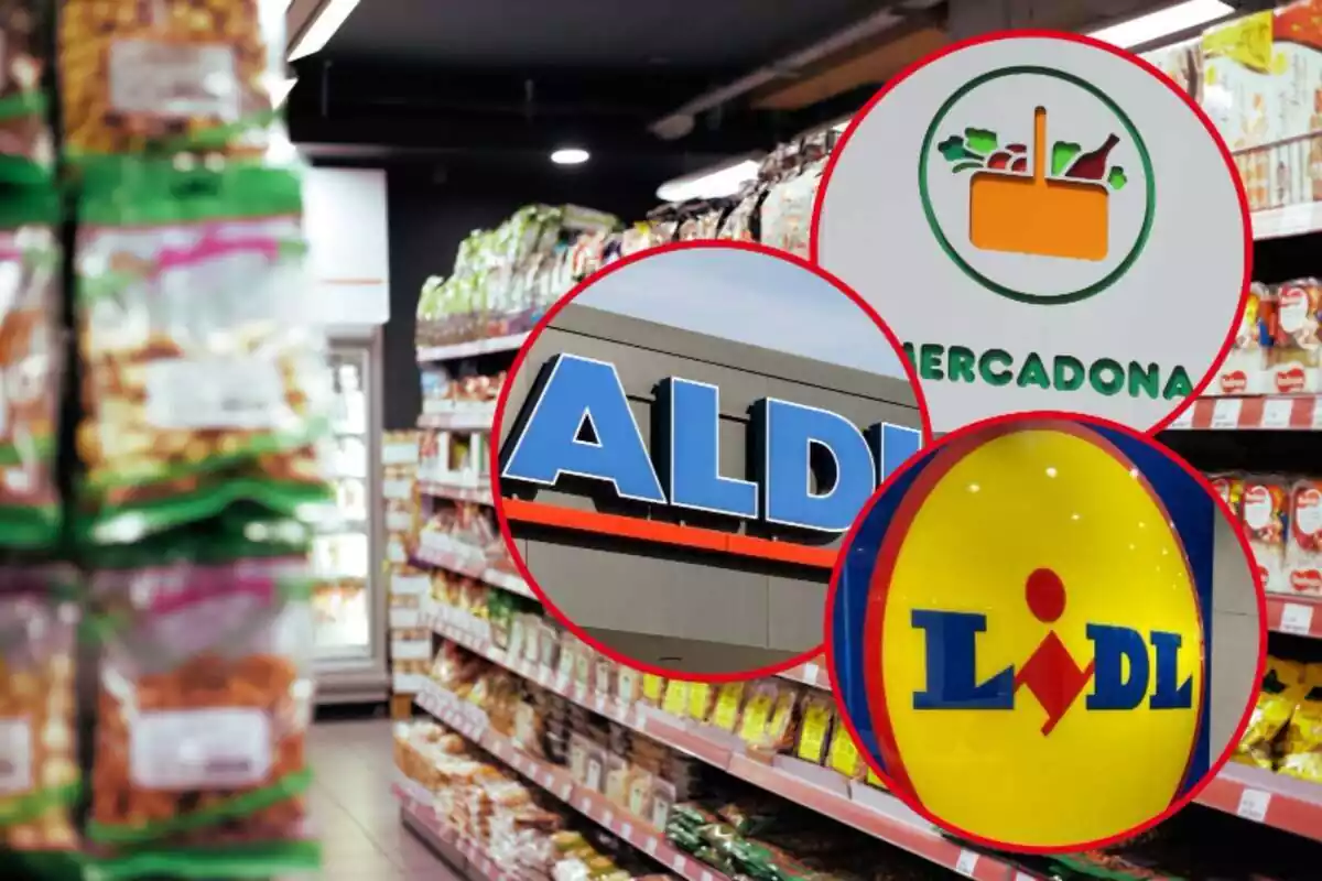 Logos d'Aldi, Mercadona i Lidl a un supermercat