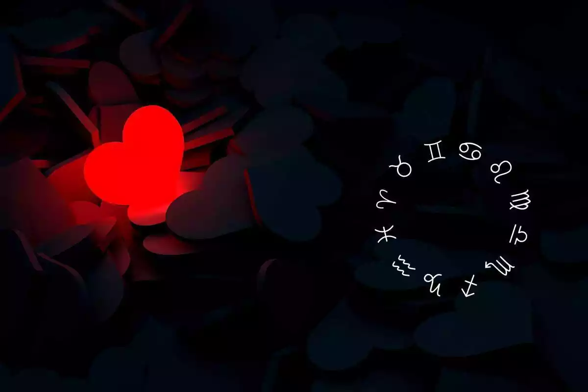 Un cor vermell il·luminat sobre un fons negre i una roda zodiacal a la dreta