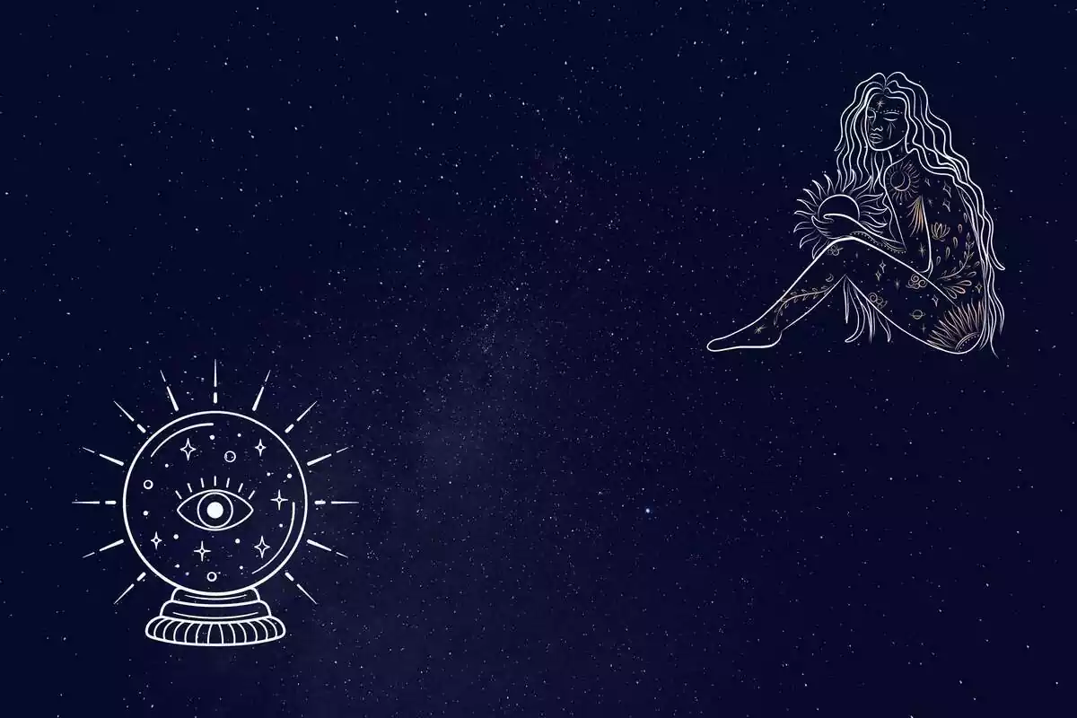 Una dona embolicada amb signes del zodíac i una bola de vidre amb un ull sobre un fons estrellat