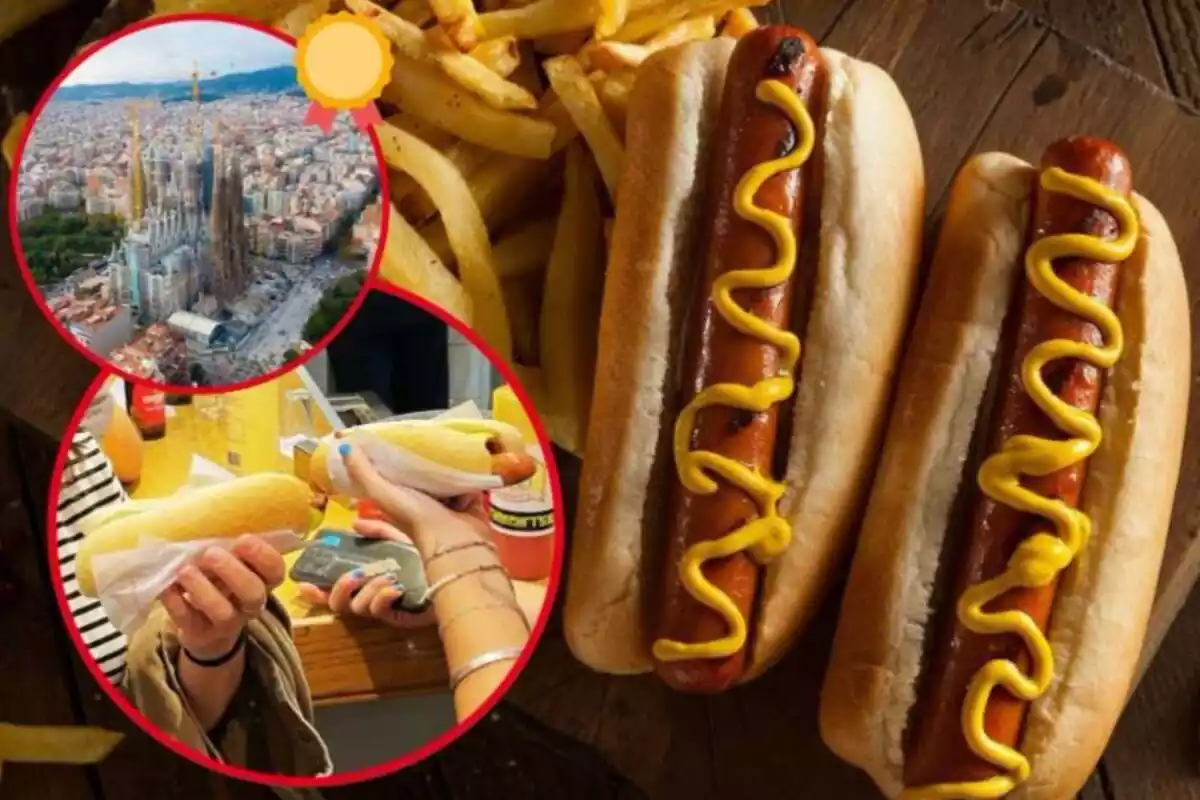 Imatge de fons de dos hot dogs amb patates i dues imatges més, una de la ciutat de Barcelona a vista d'ocell i una altra d'unes persones amb frankfurts a la mà en un local