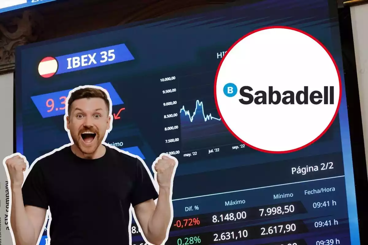 Una pantalla amb els resultats de la Borsa, amb el logo del Sabadell i un home celebrant amb els braços enlaire