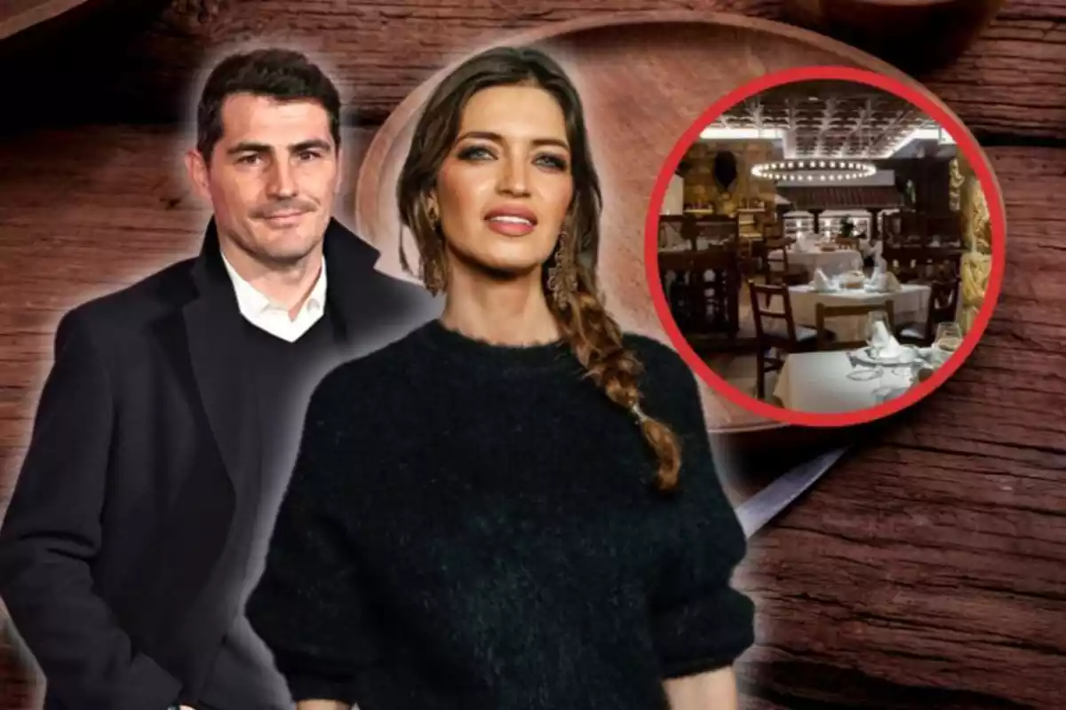 Iker Casillas i Sara Carbonero sobre un fons de fusta ia la dreta un cercle amb un bar