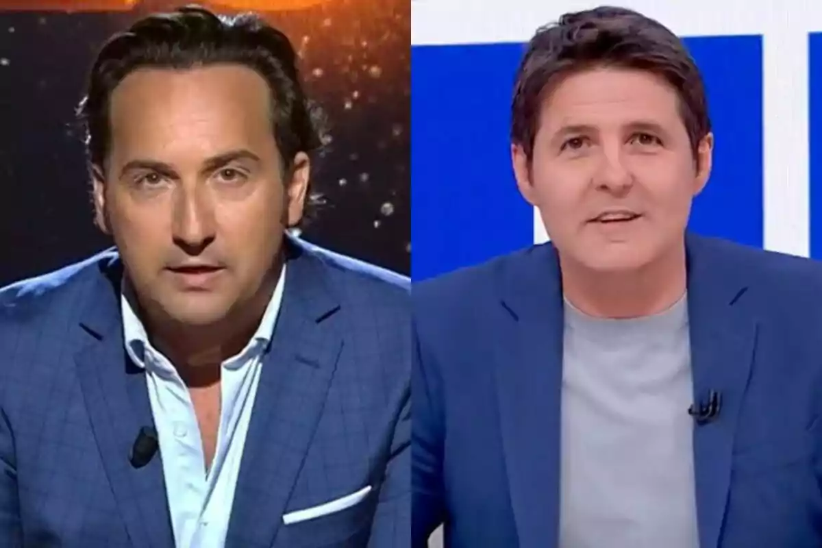 Dos homes amb jaquetes blaves apareixen en un muntatge dividit, cadascun en un entorn diferent, un amb fons fosc i l’altre amb fons clar.