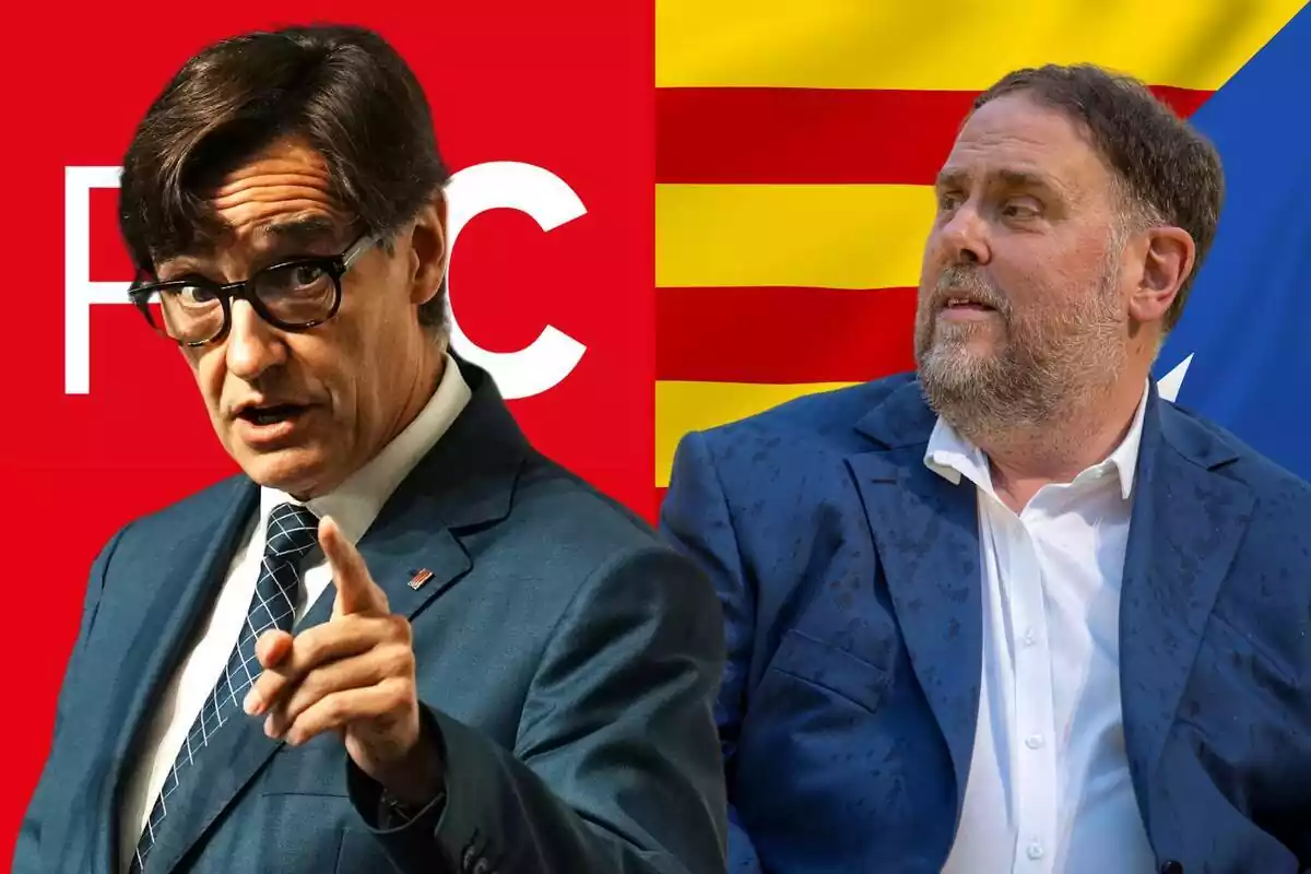 Muntatge amb Salvador Illa amb el logotip del PSC de fons i Oriol Junqueras amb l'estelada de fons