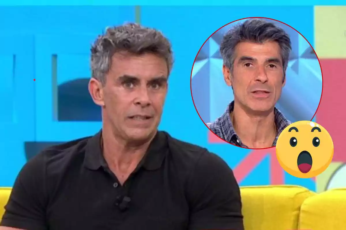 Home de cabell canós en un programa de televisió amb una imatge inserida d'ell mateix i un emoji sorprès.