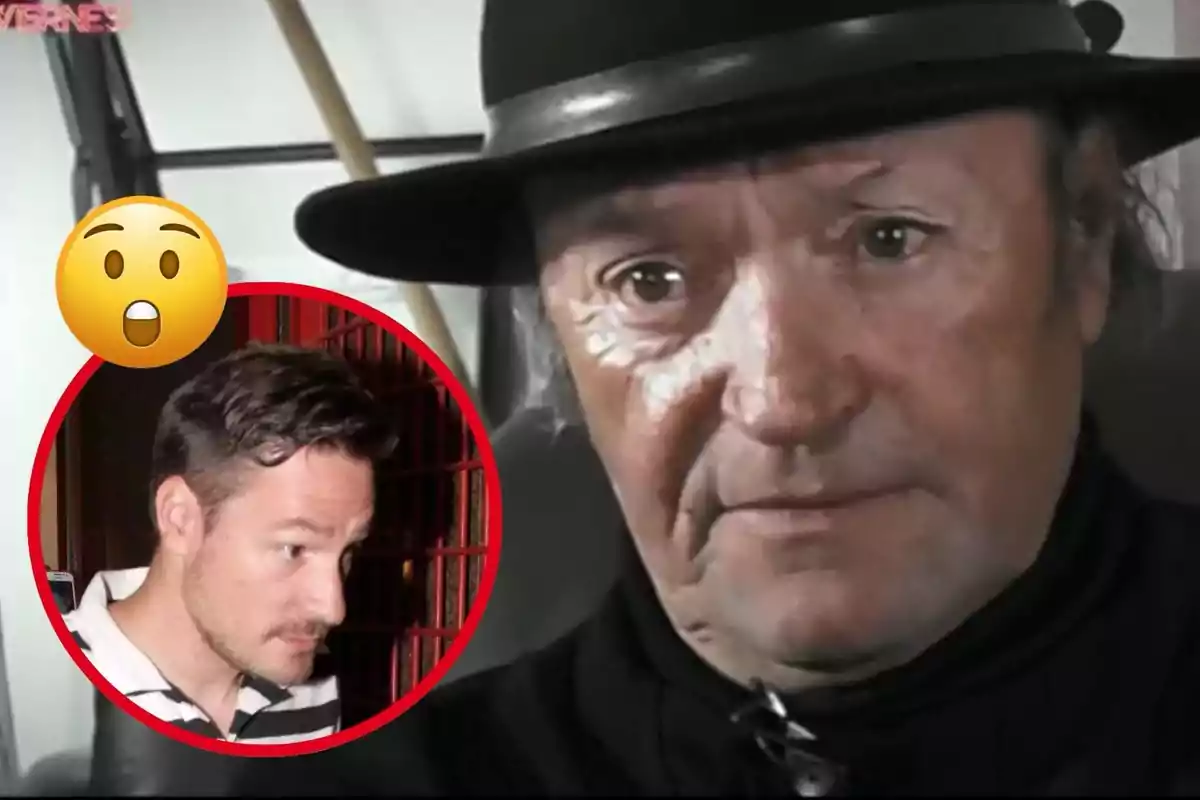 An older man with a black hat appears in the foreground, while a younger man with a serious expression is shown in a red circle; there is a surprised emoji in the image.