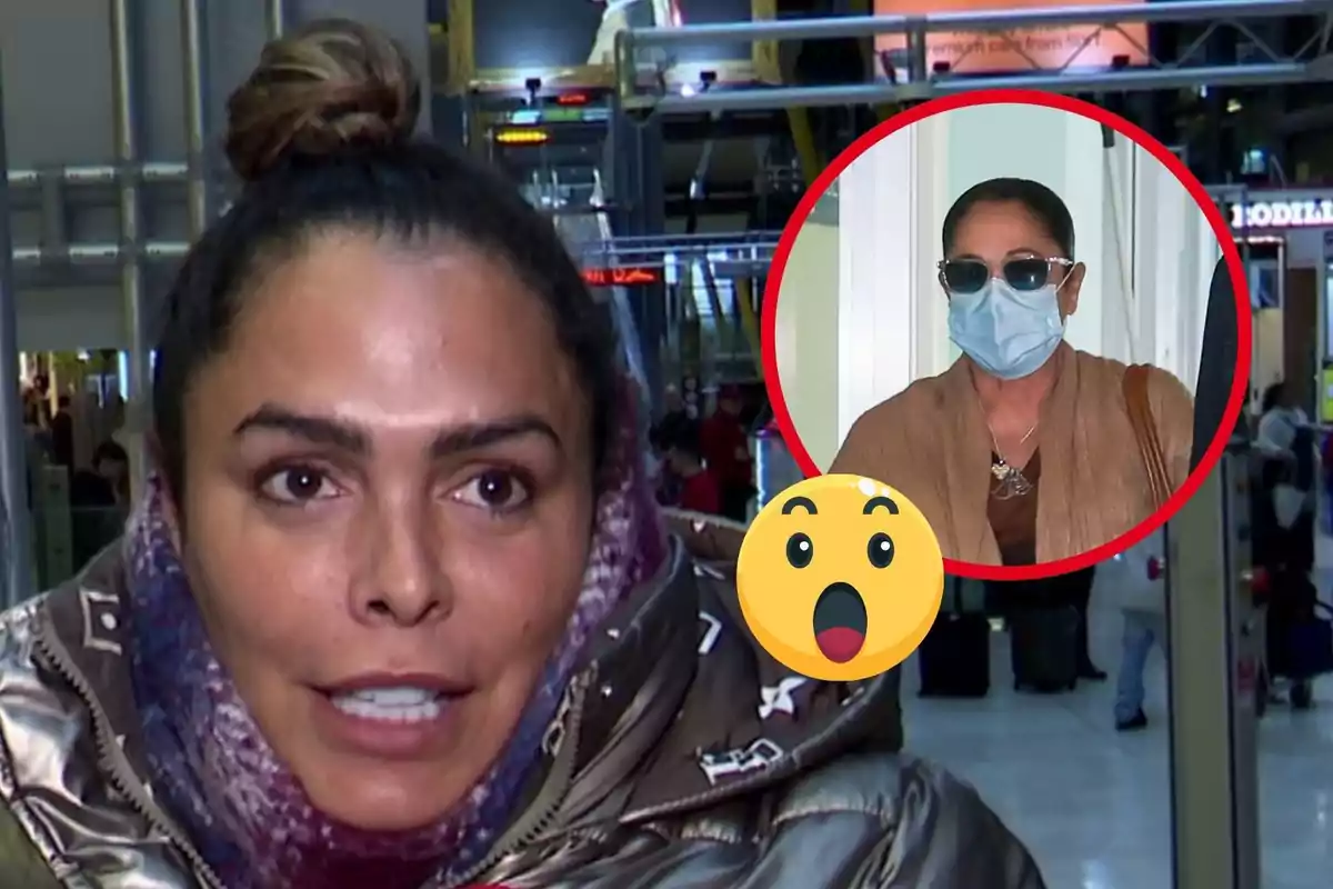 Amor Romeira con chaqueta y bufanda habla en un lugar público mientras Isabel Pantoja con mascarilla aparece en un círculo rojo con un emoji sorprendido.