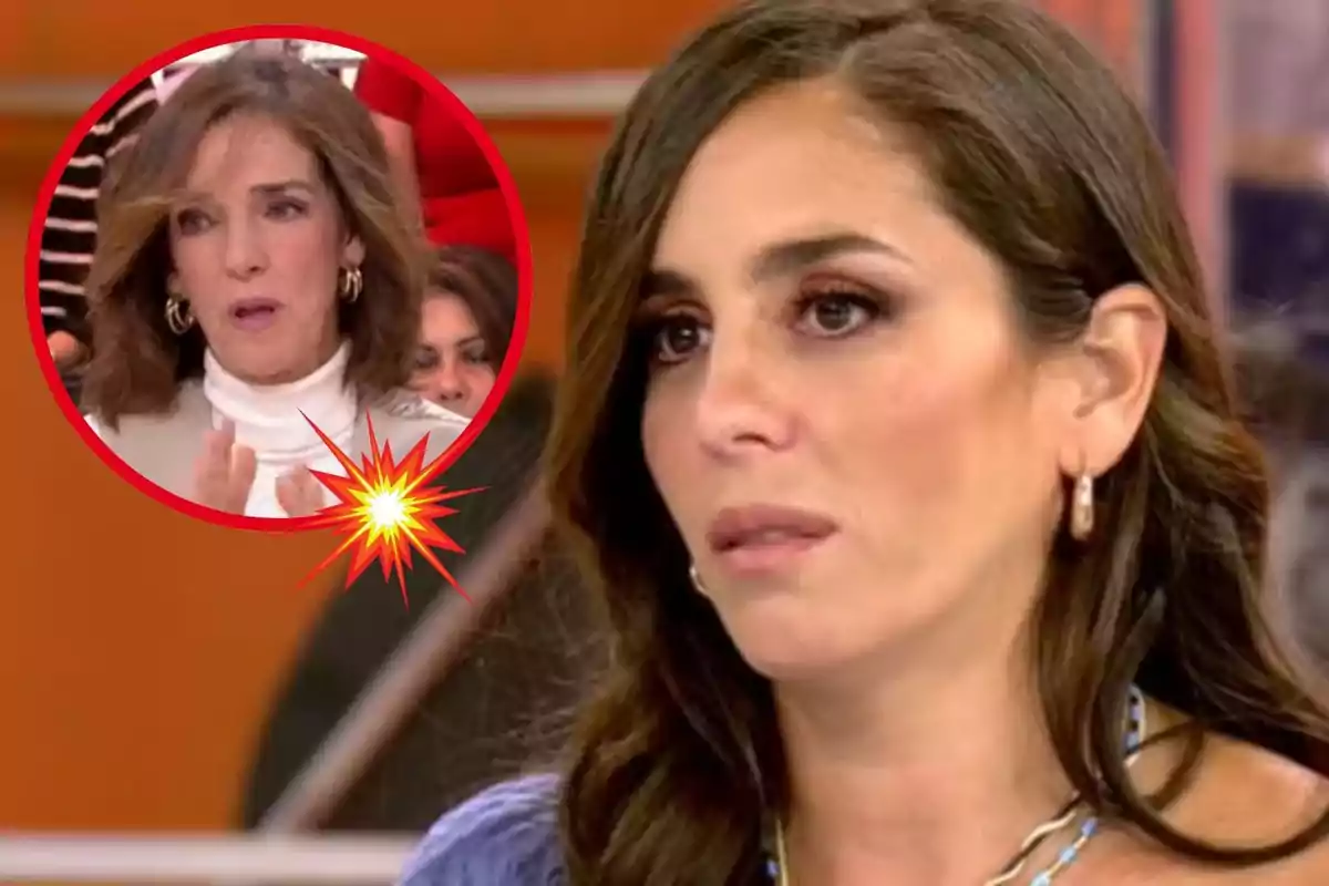 Anabel Pantoja con expresión seria aparece en primer plano, mientras que en un recuadro rojo se muestra a Paloma García-Pelayo hablando, con un efecto de explosión gráfica entre ambas.