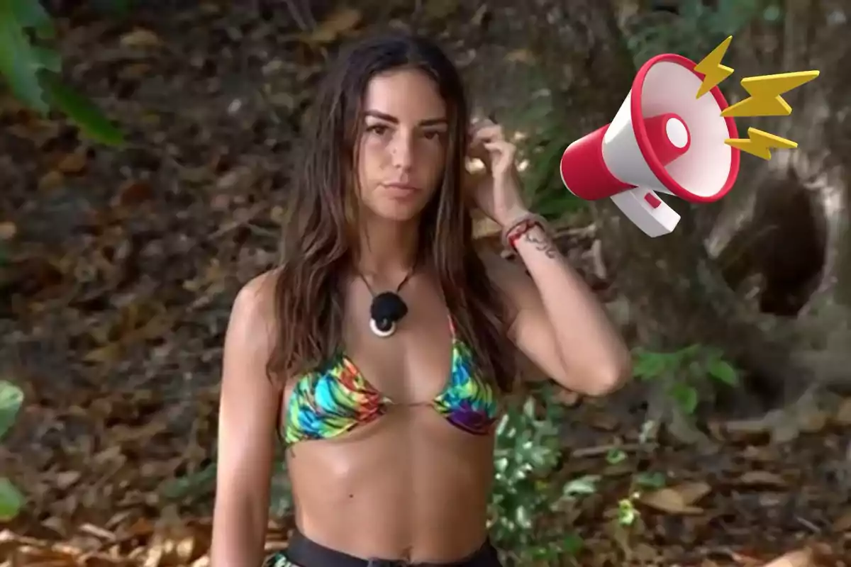 A person in a colorful bikini in a natural setting with an illustrated megaphone next to them.