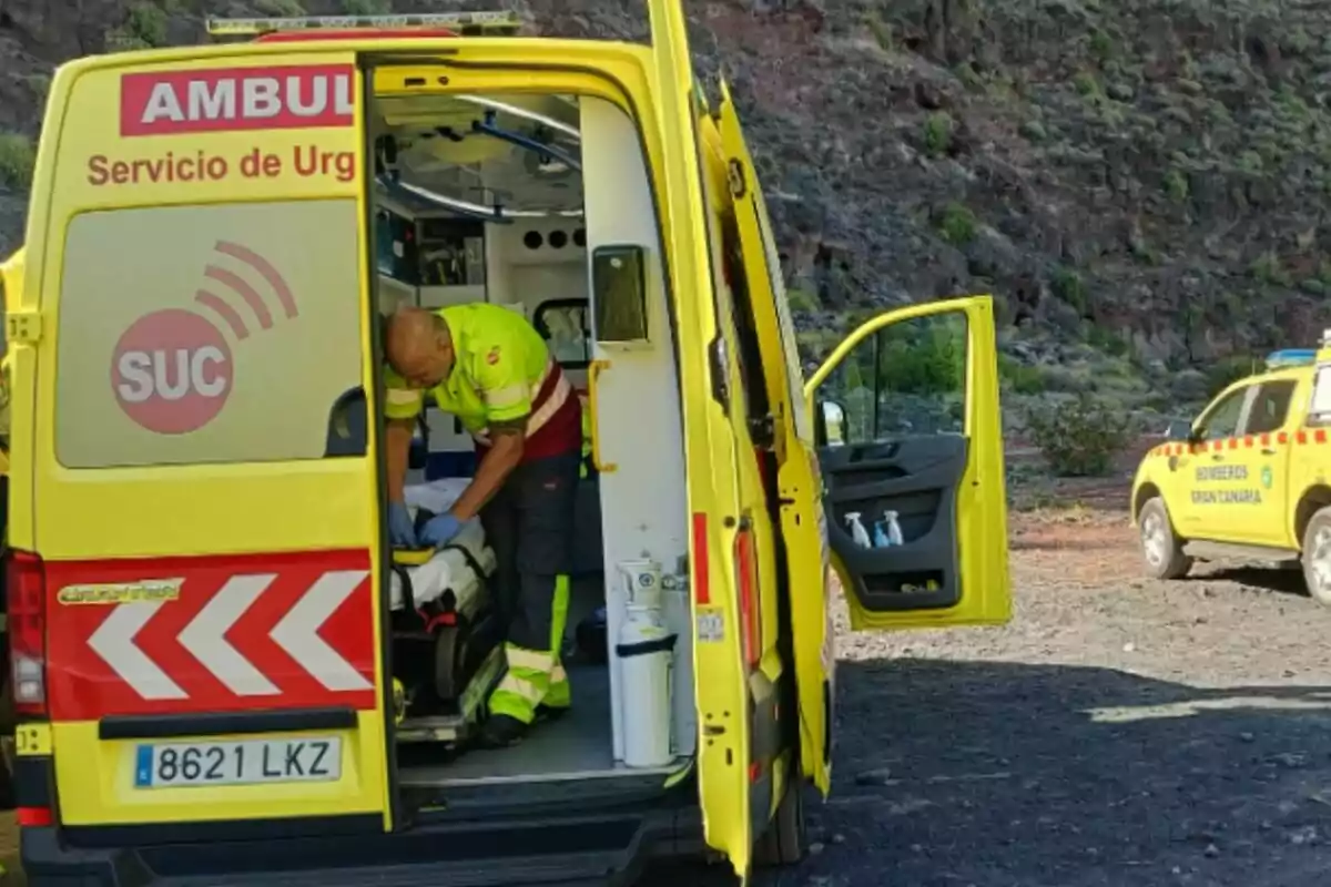 Una ambulància groga amb les portes del darrere obertes mostra un paramèdic atenent una persona en una llitera mentre un vehicle de bombers està estacionat a prop en un entorn muntanyós. Una ambulància groga amb les portes del darrere obertes mostra un paramèdic atenent una persona en una llitera mentre un vehicle de bombers està estacionat a prop en un entorn muntanyós.