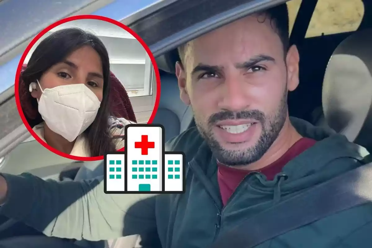 Asraf Beno en un coche e Isa Pantoja con mascarilla en un recuadro circular, con un icono de hospital en primer plano.