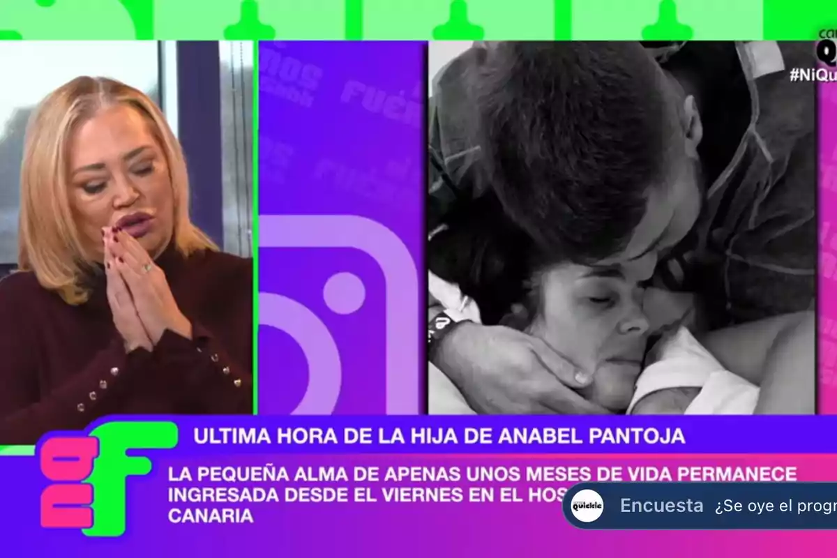 Belén Esteban con las manos juntas parece estar hablando en 'Ni que fuéramos' mientras en otra imagen se muestra a David Rodríguez abrazando a Anabel Pantoja en un momento emotivo.