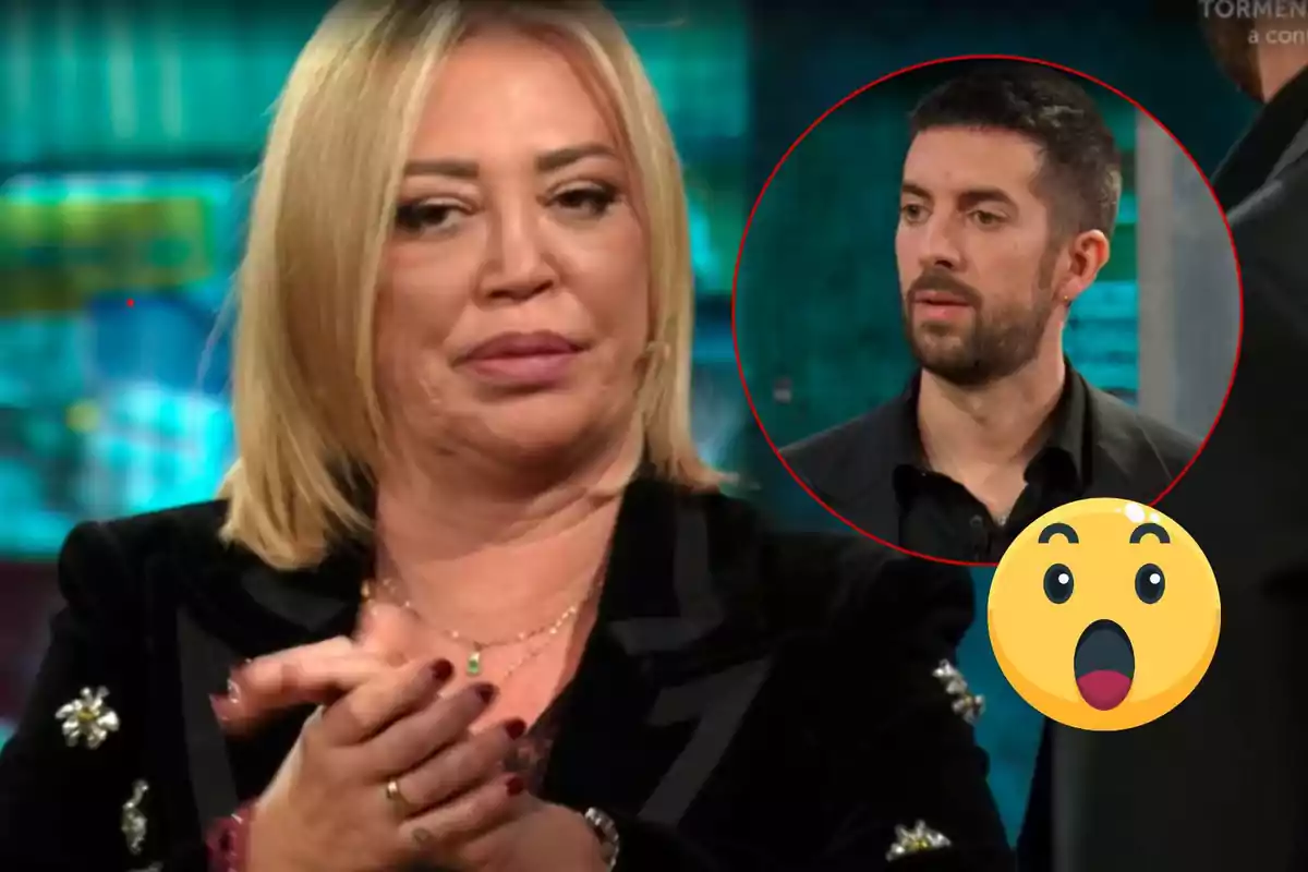 Belén Esteban rubia con expresión seria en primer plano y David Broncano con barba en un círculo rojo al fondo junto a un emoji sorprendido.