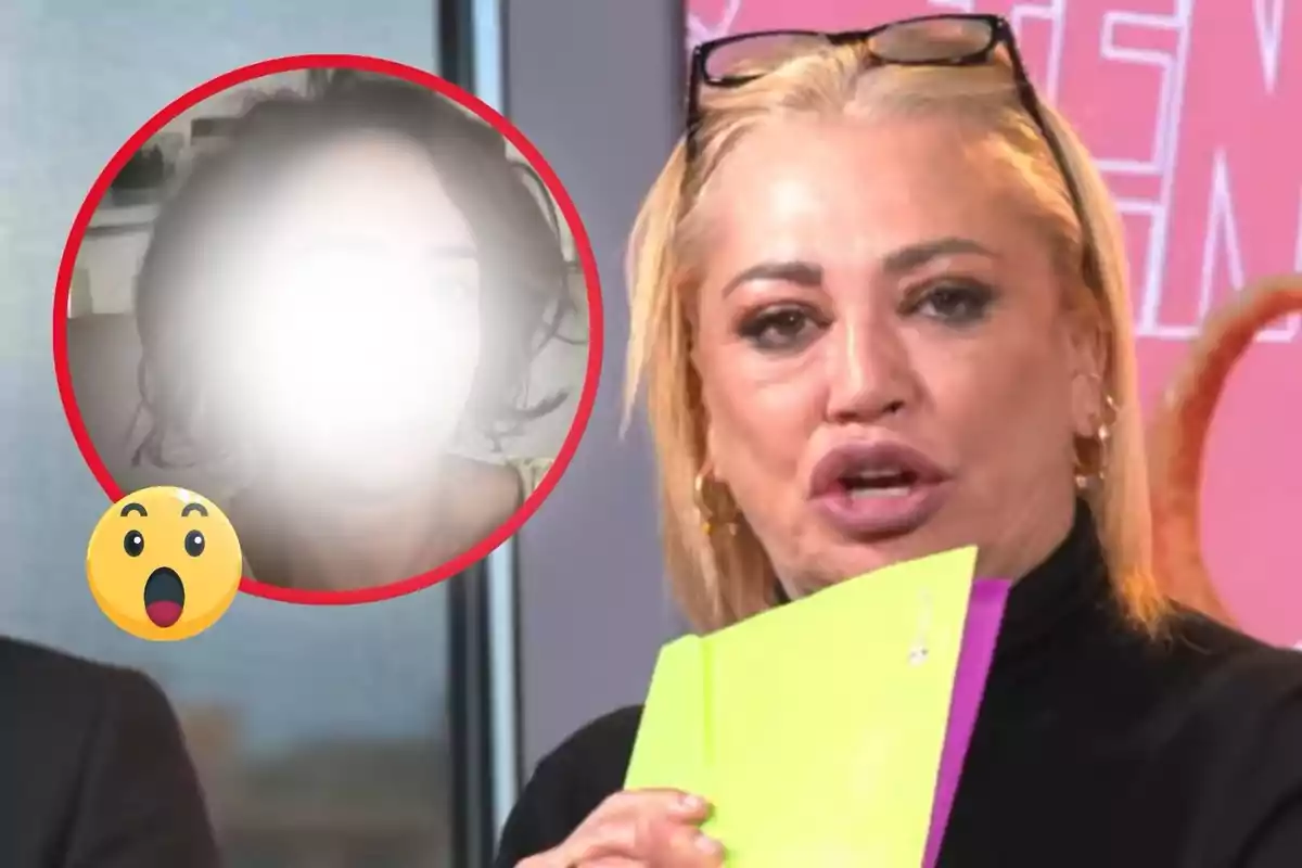 Belén Esteban rubia sostiene un cuaderno verde mientras otra imagen circular con un efecto de desenfoque muestra a María Patiño con cabello oscuro y un emoji sorprendido.