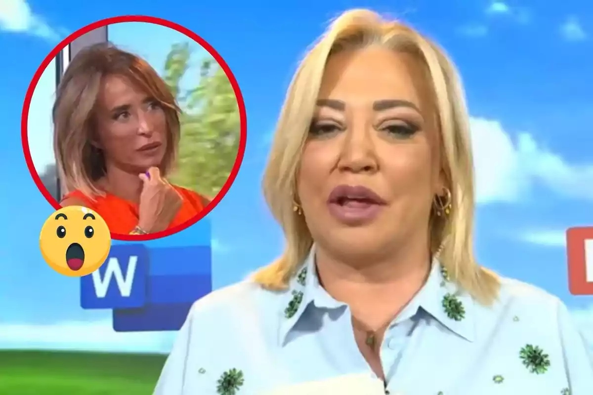 A blonde woman speaks in front of a blue screen while another woman appears in a red circle in the top left corner with a thoughtful expression and a surprised emoji next to her.