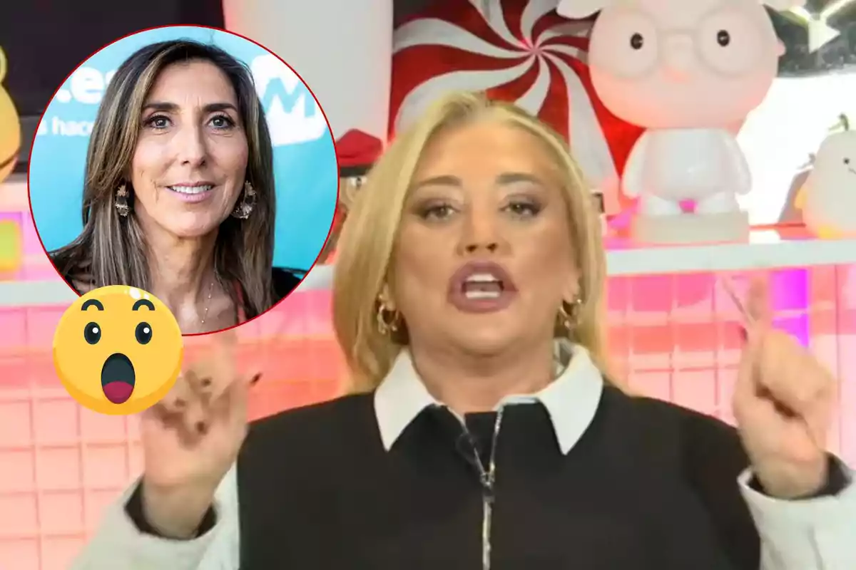 Belén Esteban rubia hablando con gestos en un estudio de televisión con una imagen circular de Paz Padilla y un emoji sorprendido superpuestos.