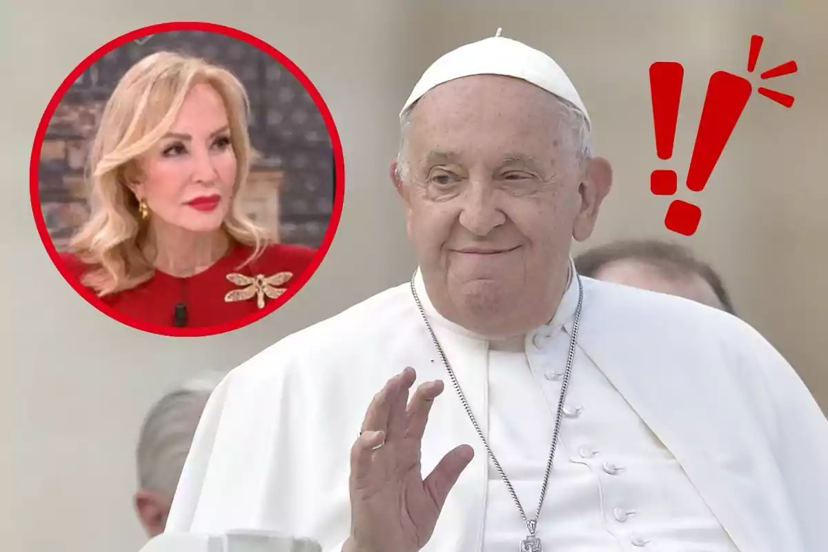 El Papa Francisco vestido de blanco con un sombrero religioso y una imagen circular de Carmen Lomana rubia en la esquina superior izquierda con signos de exclamación rojos.