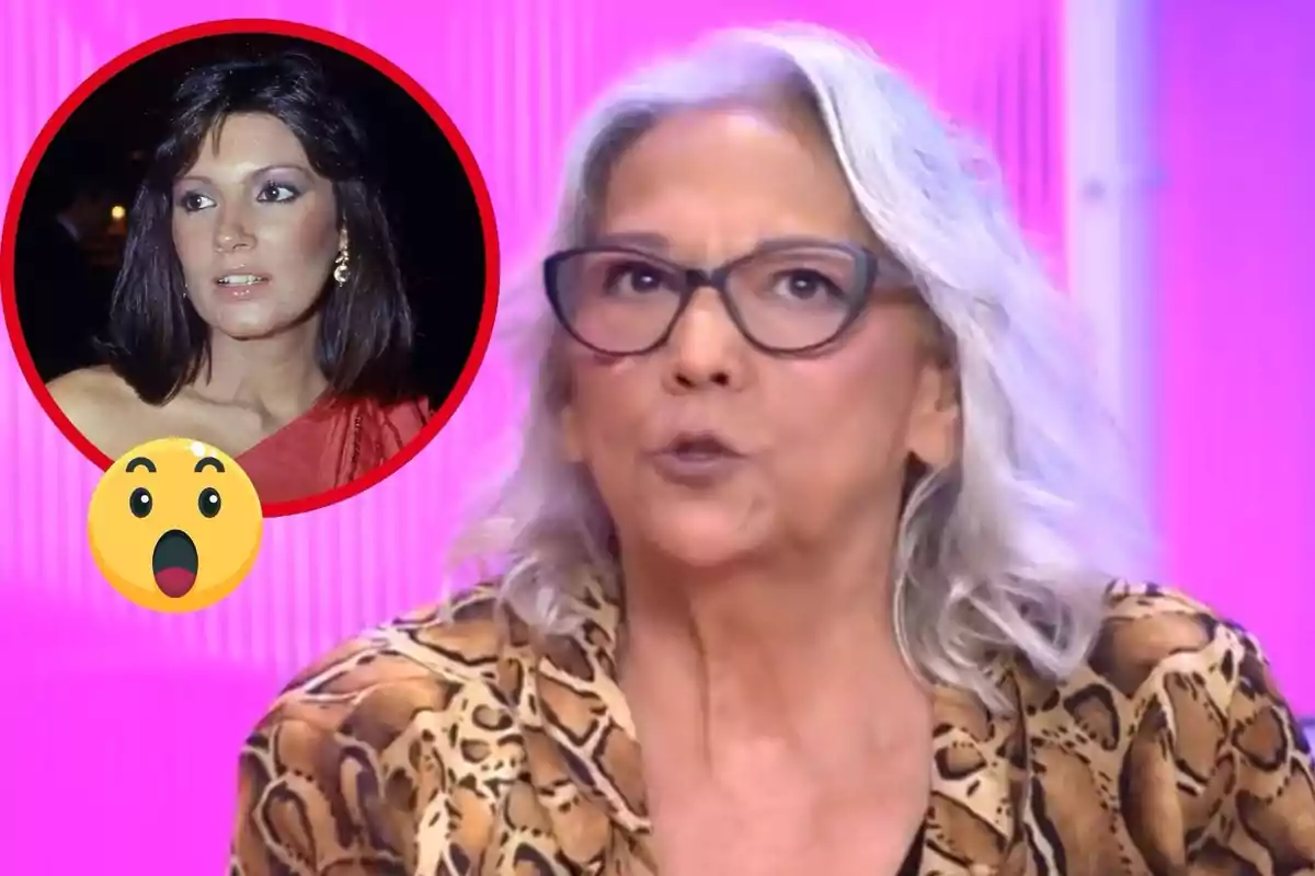 A gray-haired woman with glasses speaks on a television show with a pink background; in the upper left corner, there is a red circle with the image of a dark-haired woman and a surprised emoji.